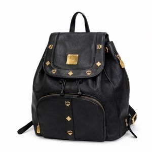 MCM Black Leather Backpack with Gold Accents